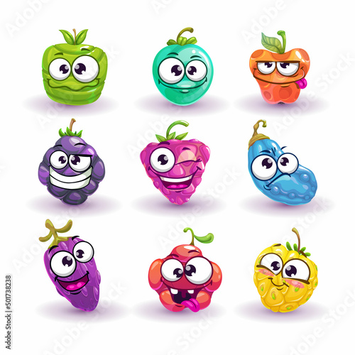 Comic cartoon plants, funny fruits with faces