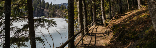 Walkway with sunlight near lake with ice in forest, banner.