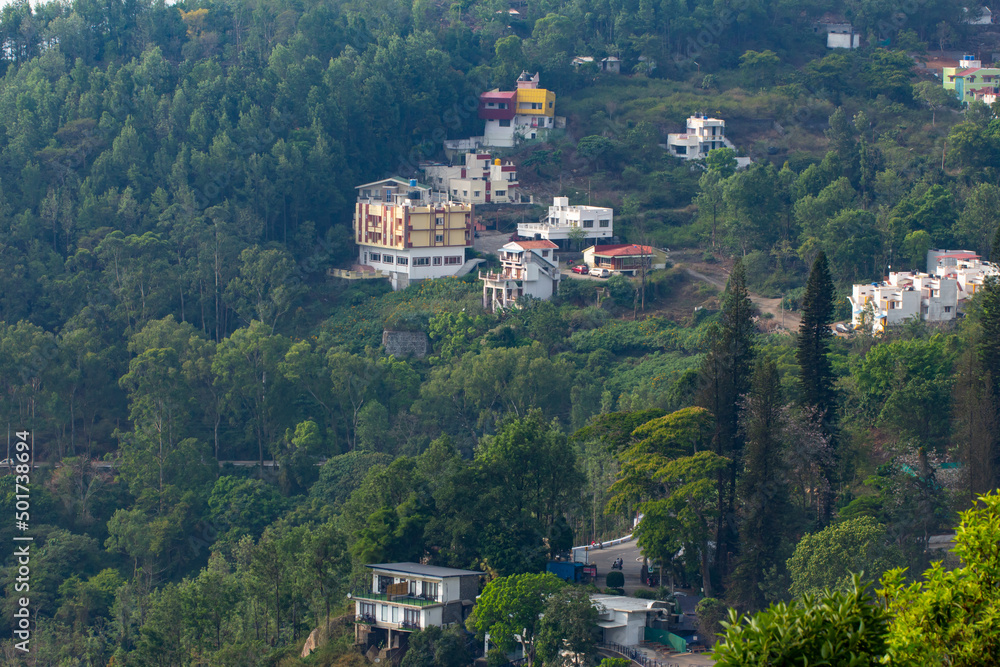 Scenic view of the buildings in a hill station. Yercaud is a hill station in Salem district. Selective focus.