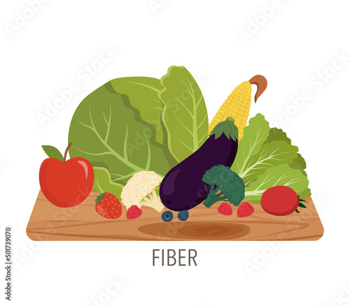 High fiber food. Meal with fructose and cellulose. Apple, cauliflower, broccoli, salad, eggplant, tomato. Set of healthy macronutrients provided by food. Flat vector illustration  isolated on white.