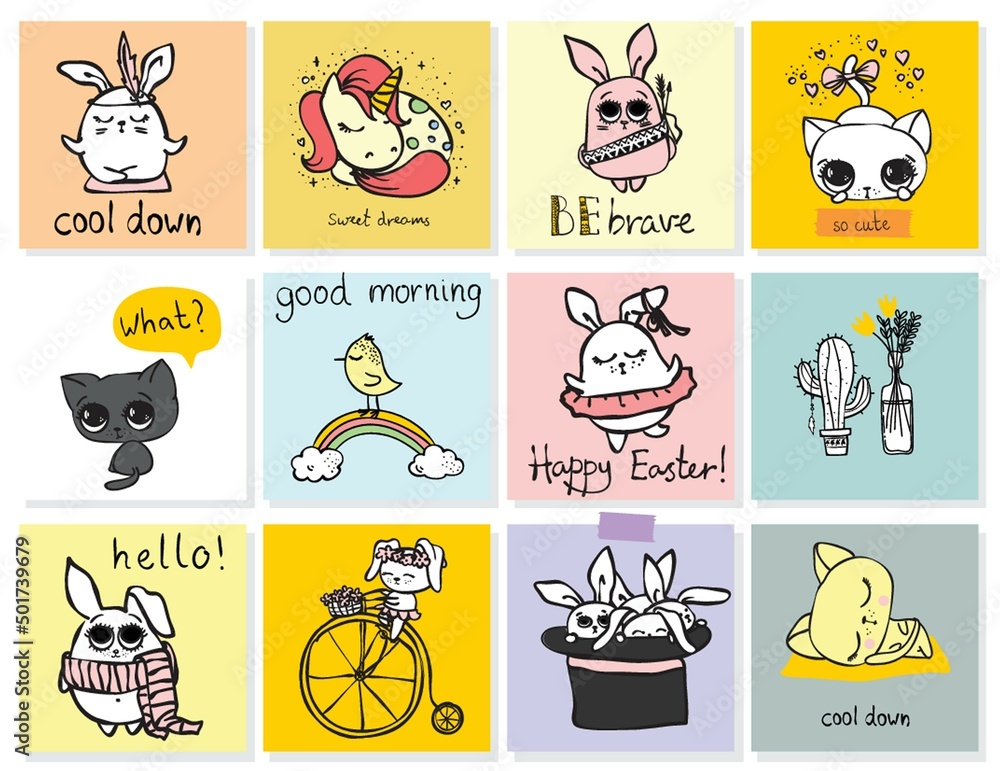 Obraz premium Simple design of cute boho animals, birds, flowers and other design elements perfect for kid's card, banners, stickers and other kid's things.