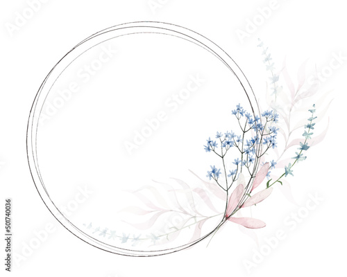 Watercolor painted floral wreath on white background. Transparent blue and pink branches, leaves, twigs. Vector