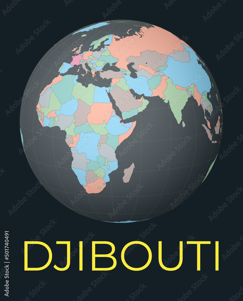 World map centered to Djibouti. Red country highlighted. Satellite world view centered to country with name. Vector Illustration.