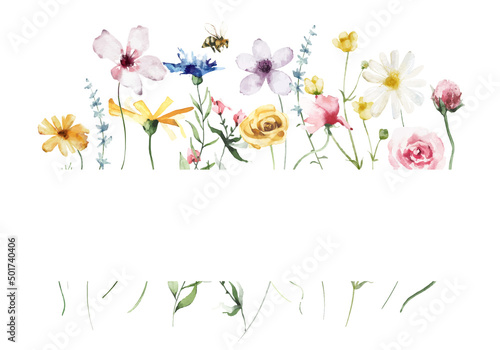 Watercolor painted floral frame on white background. Blue, pink and yellow wild flowers, branches, leaves and twigs.