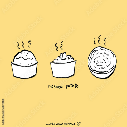 Mashed potato in sketch brush style. Isolated on yellow background. Hand drawn vector illustration fast food.