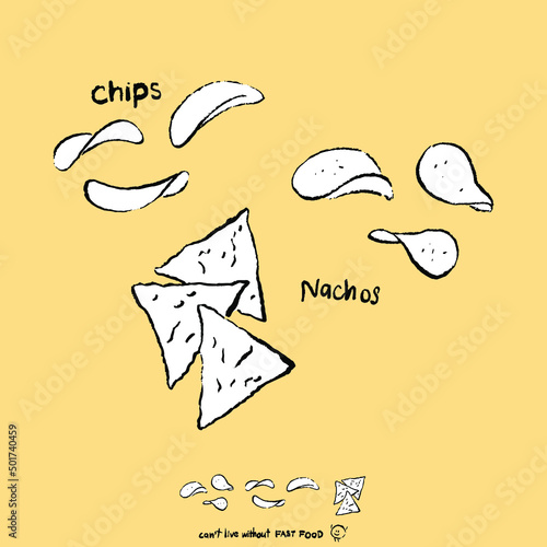 Icon nachos and chips in sketch brush style. Isolated on yellow background. Hand drawn vector illustration fast food.