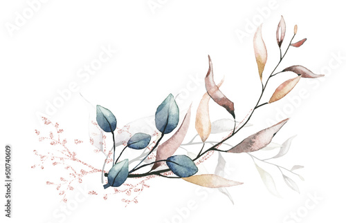 Canvas Arrangement with branches, leaves, pink gold dust graphic elements