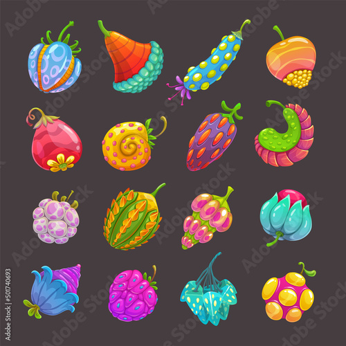 Funny cartoon fantasy fruits, unreal berries set