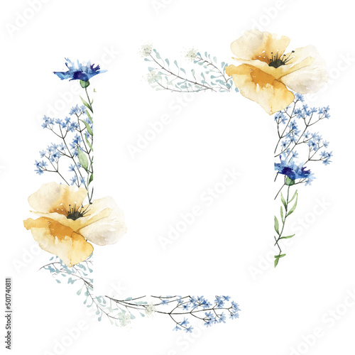 Watercolor painted floral rectangle frame on white background. Blue, green branches, leaves, yellow wild flowers. Vector