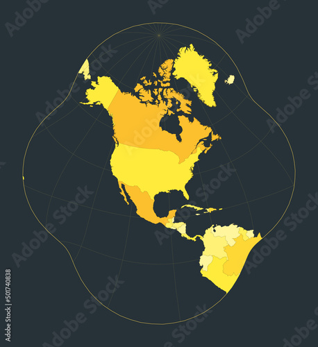 World Map. Modified stereographic projection for the conterminous United States. Futuristic world illustration for your infographic. Bright yellow country colors. Astonishing vector illustration. photo