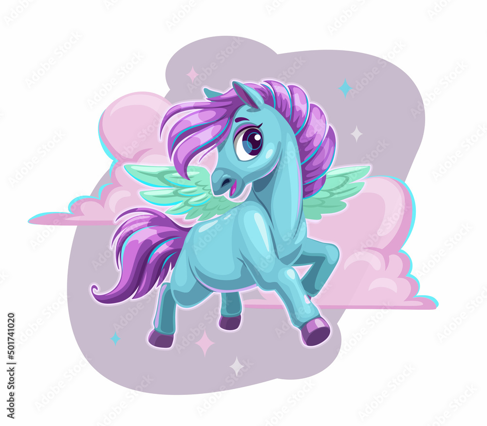 Little cute cartoon pegasus. Fantasy flying pony
