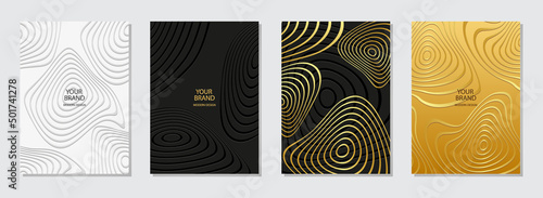 Geometric trendy cover design. Embossed gold 3D pattern of curved contours, lines, stripes, circles. Collection of vertical templates for business background, magazine layout, brochure, booklet
