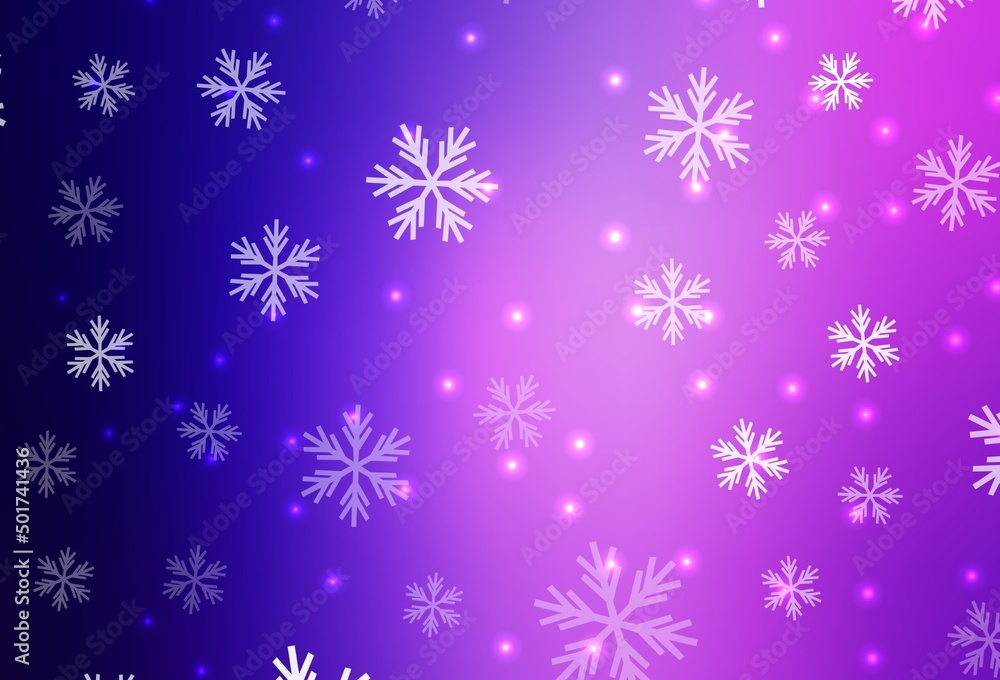 Light Purple, Pink vector background with beautiful snowflakes, stars.