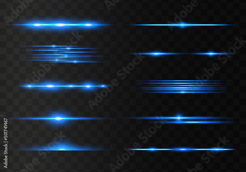 Blue horizontal lens flares pack. Abstract set of light flares, laser beams, sparkling lined, horizontal light rays. Vector illustration.