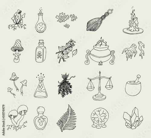 Esoteric magic witchcraft attributes doodle set. Collection of hand drawn witch tools occult objects hats broom cards moonlight snake isolated on transparent background
