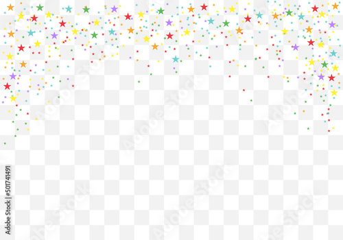 Festive colorful star confetti. Rainbow stars on transparent background. Vector illustration.