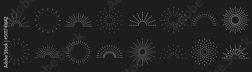 Sunburst set. Vintage sunrise collection.  Vector light rays elements on black background. Vector Illustration 