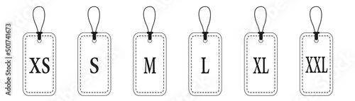 Set of clothing size labels: XS, S, M, L, XL, XXL. Size label tag in red.Vector illustration.