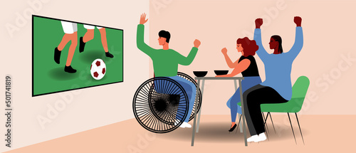 Football fans indoor, flat vector stock illustration with football championship and inclusive support group with African person and spectator in wheelchair