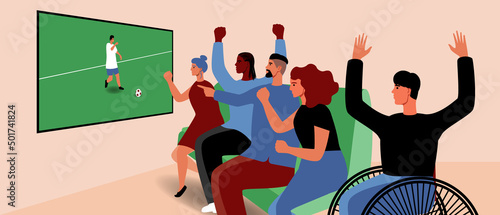 Football fans at home, flat vector stock illustration with football players on TV and group of friends of audience