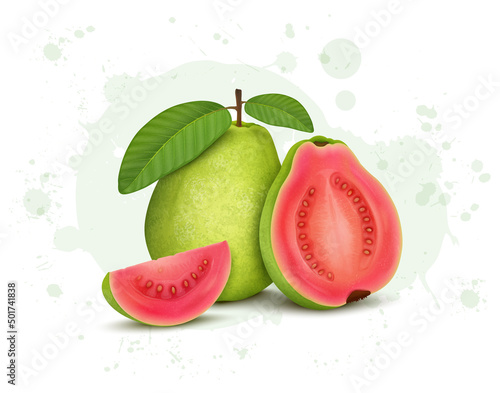 Guava fruit vector illustration with half piece of guava with fruit slices 