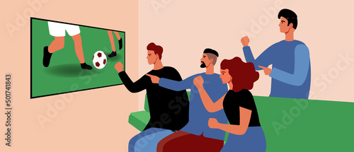 Football fans watch football, flat vector stock illusion with football championship and support group, emotions of joy, excitement, happiness