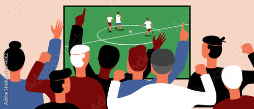 Crowd of football fans, flat vector stock illusion with football players on TV and emotions of viewer