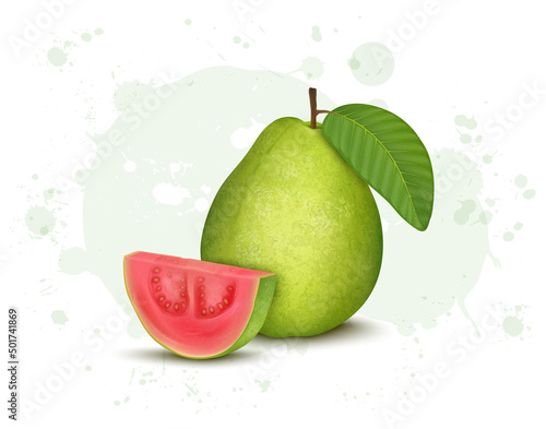 Fresh Green Guava fruit vector illustration with guava pink slices and green leaves