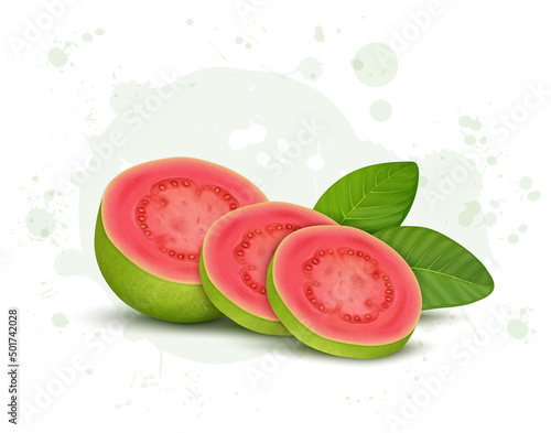 Whole pink Guava vector illustration with guava slices and green leaves