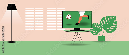 Interior of living room, TV broadcast of football championship, flat vector stock illustration with TV