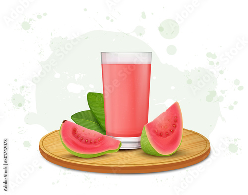 Pink Guava Juice vector illustration with Guava juice glass on round chopping board