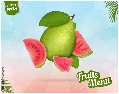 Fresh Pink Guava Vector illustration with Guava slices in the air on light blue backgroud