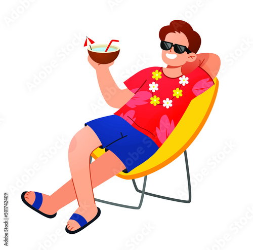 man sitting on a sunbed on the beach. Happy smiling male relaxing on a chaise-longue and drink cocktail. Vector cartoon illustration.  lying on sunlounger. Summer vacation. Man on summer vacation on t