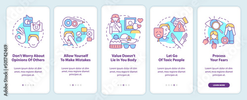Steps to self love onboarding mobile app screen. Let go of toxic people walkthrough 5 steps graphic instructions pages with linear concepts. UI, UX, GUI template. Myriad Pro-Bold, Regular fonts used
