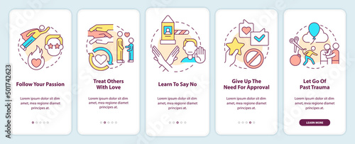 Activities for self love onboarding mobile app screen. Follow passion walkthrough 5 steps graphic instructions pages with linear concepts. UI, UX, GUI template. Myriad Pro-Bold, Regular fonts used