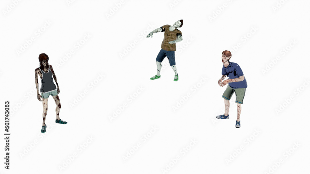 3D Illustration - Group of zombies in different poses.