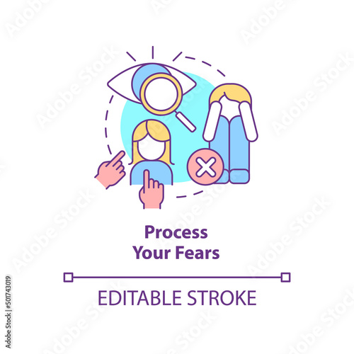 Process your fears concept icon. Self-care strategy abstract idea thin line illustration. Overcome phobias  panic attacks. Isolated outline drawing. Editable stroke. Arial  Myriad Pro-Bold fonts used