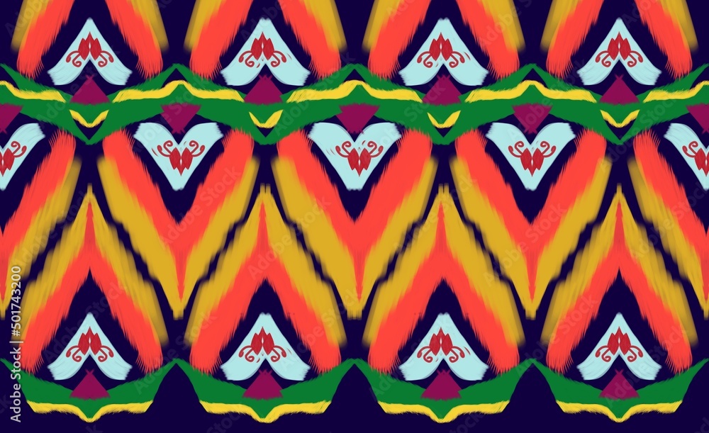 Obraz premium Ikat art pattern orange on blue background abstract