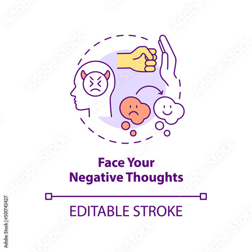 Face negative thoughts concept icon. Self appreciation abstract idea thin line illustration. Overcoming negative thinking. Isolated outline drawing. Editable stroke. Arial, Myriad Pro-Bold fonts used