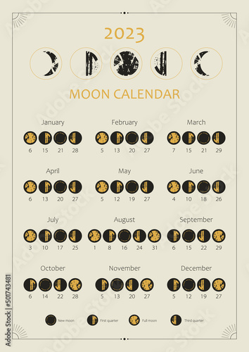 2023 Moon calendar. Astrological calendar design. Moon phase cycle. Modern boho moon calendar poster template design. Lunar phases schedule and cycles. Vector vintage illustration. Editable A3, A4, A5