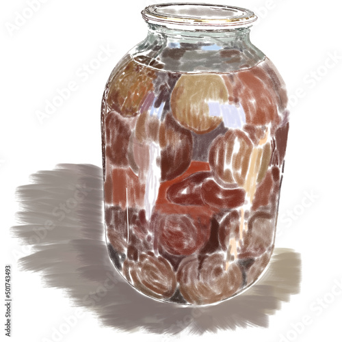 Glass transparent Jar with peaches apples sweet honey conservation isolated on white background 