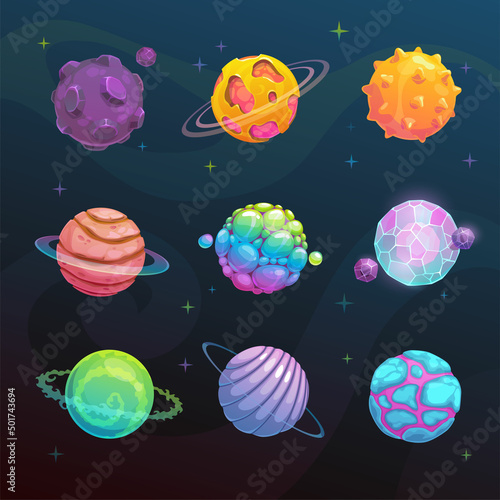Cartoon vector planets set. Space fantasy assets.