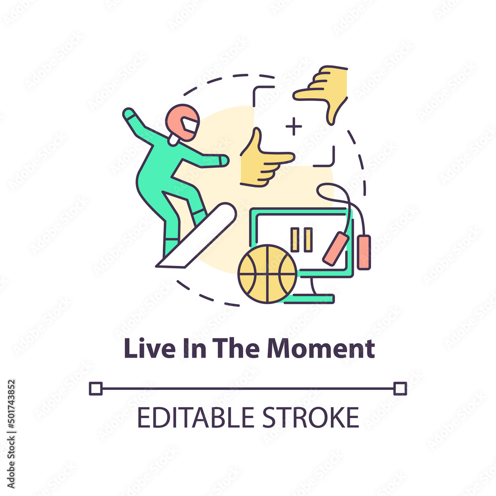 Live in present moment concept icon. Mindfulness technique abstract idea thin line illustration. Enjoying simple pleasures. Isolated outline drawing. Editable stroke. Arial, Myriad Pro-Bold fonts used Live in present moment concept icon. Mindfulness technique abstract idea thin line illustration. Enjoying simple pleasures. Isolated outline drawing. Editable stroke. Arial, Myriad Pro-Bold fonts used