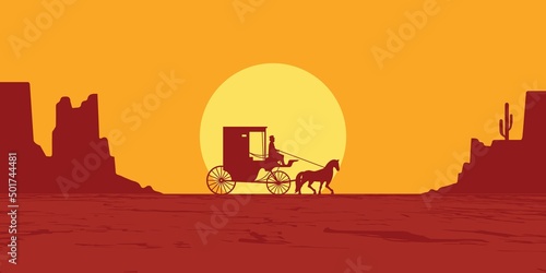 Western wild west with horse carriage, cactus, dessert, mountain rock and sunset background vector design illustration