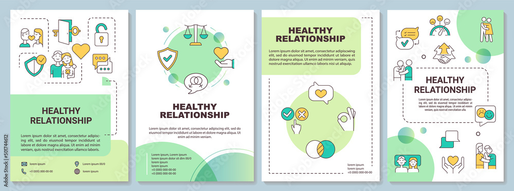 Healthy relationship characteristics green brochure template. Leaflet design with linear icons. 4 vector layouts for presentation, annual reports. Arial-Bold, Myriad Pro-Regular fonts used