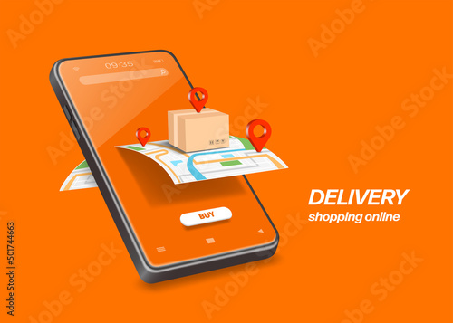 Parcel box is placed on GPS map that flows from the smartphone screen and there are pins placed on map at many points,vector 3d isolated on orange background for delivery and online shopping concept