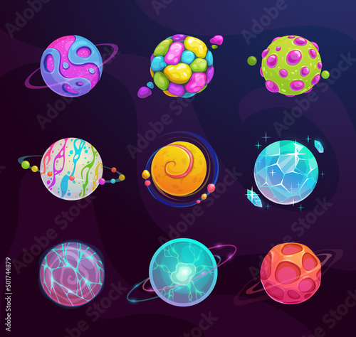 Cartoon vector planets set. Space fantasy assets.