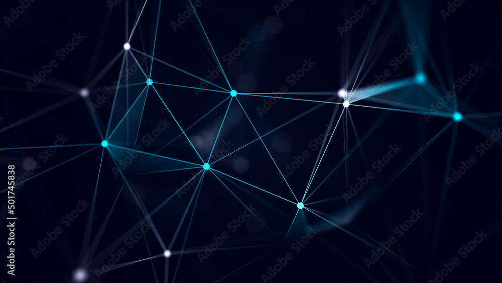 Connection of colored lines and shapes in space. Big data visualization. Digital background. 3d rendering.