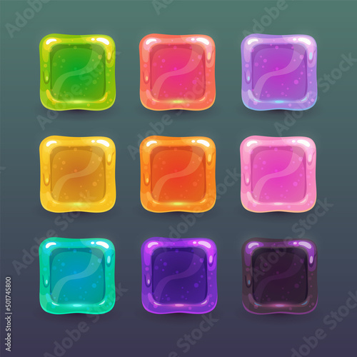 Cartoon slime buttons, square glossy frames set.