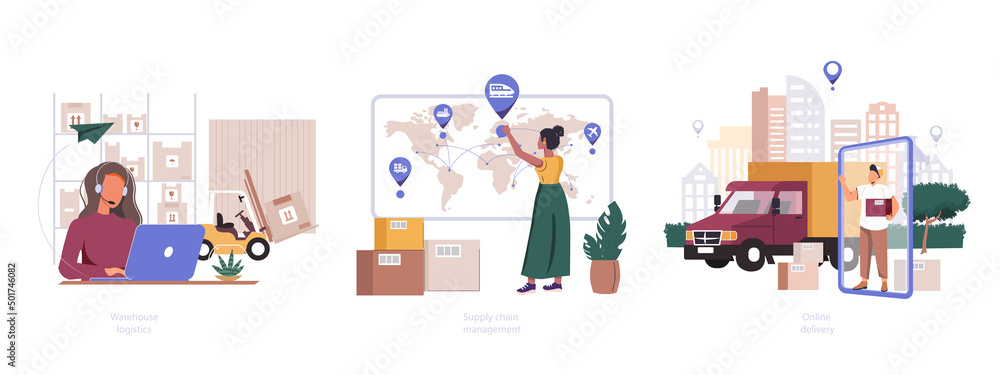 Logistics technologies abstract concept vector illustration set.  Logistics hub, Supply chain management, transit warehouse, export control, business transportation, goods transfer. Online delivery.